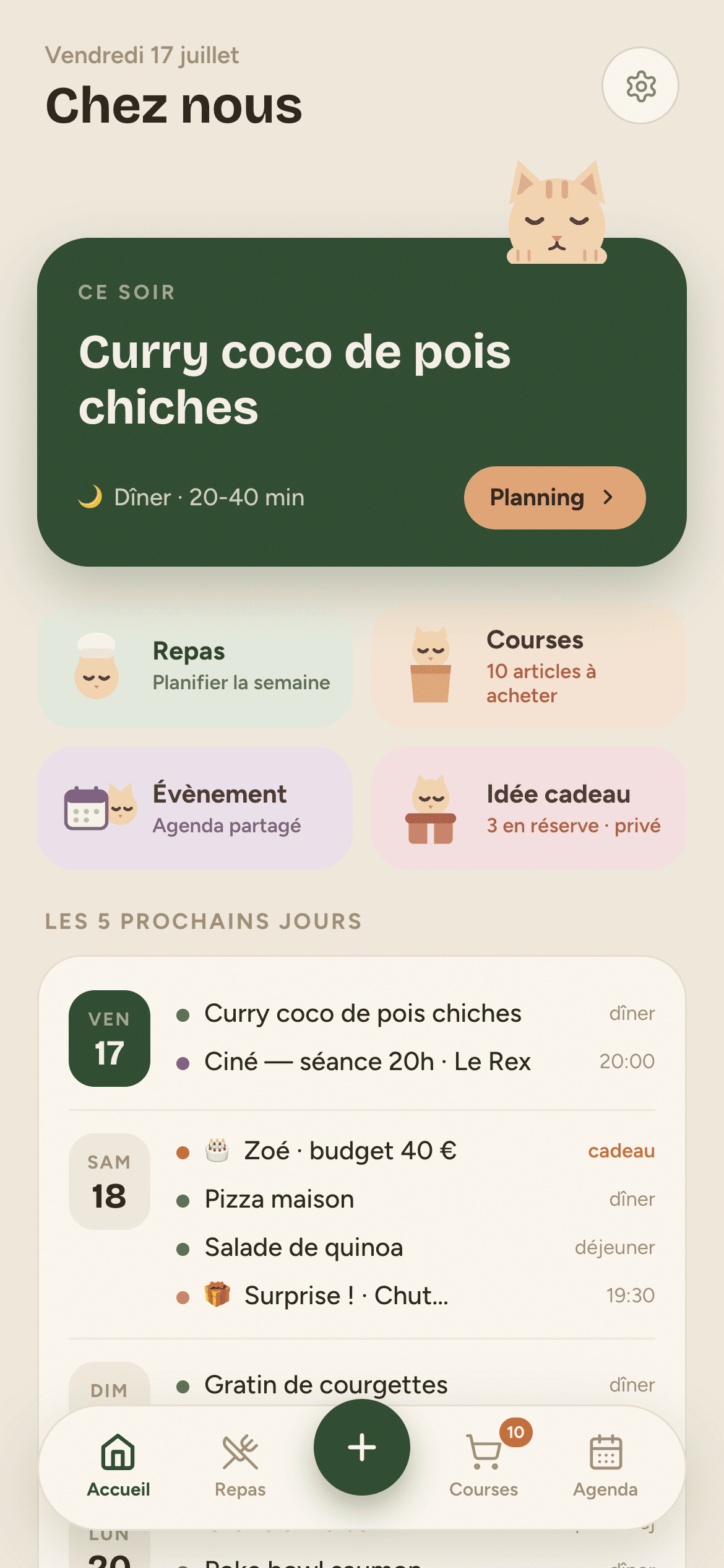 Écran d'accueil de l'application familiale, thème clair