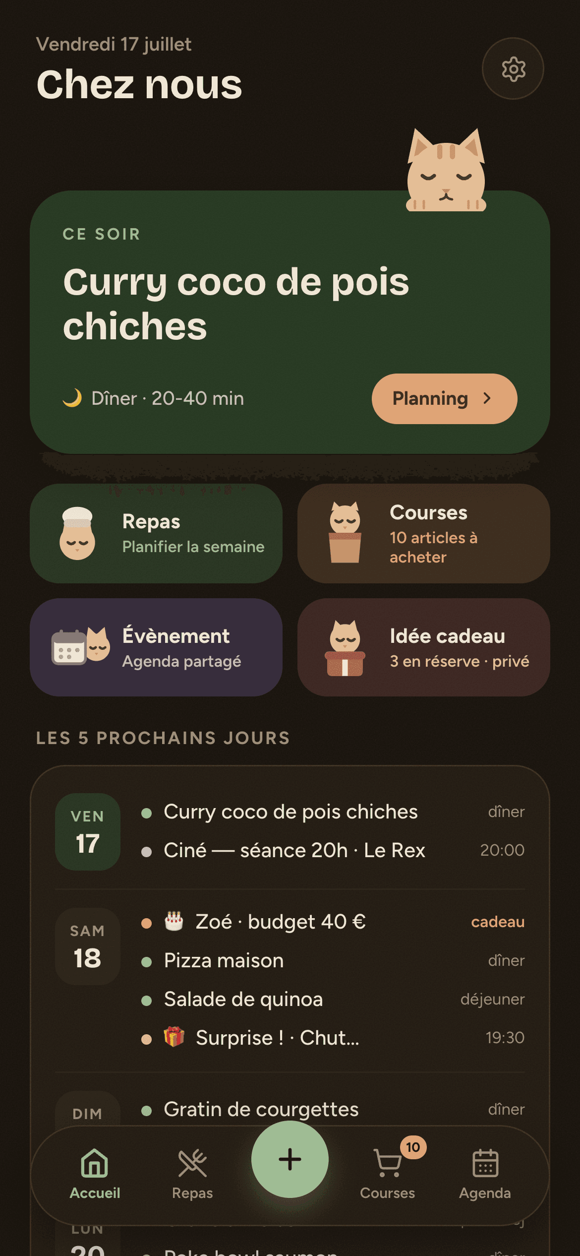 Écran d'accueil de l'application familiale, thème sombre
