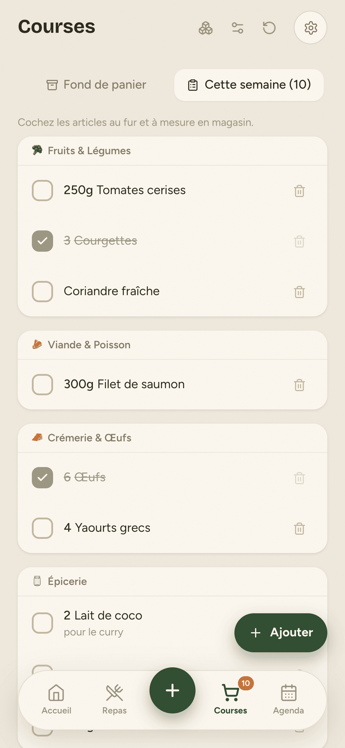 Liste de courses partagée de l'application familiale, thème clair