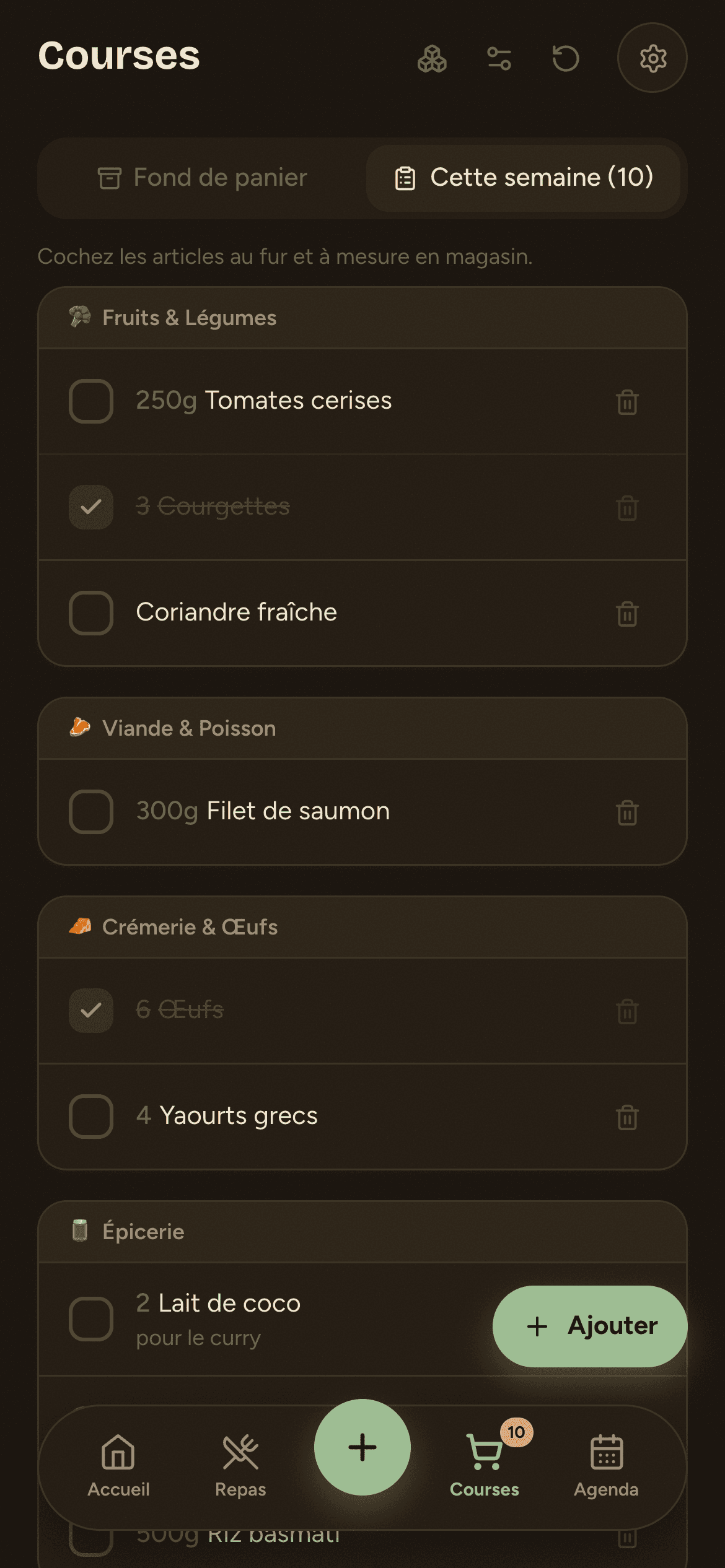 Liste de courses partagée de l'application familiale, thème sombre